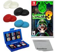 Luigi's Mansion 3 per Nintendo Switch (versione USA), con impugnature per pollice PremGear (confezione da 8 - nero, blu, rosso e trasparente), porta carte da gioco a 24 slot e panno di pulizia