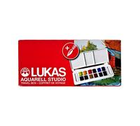 Lukas Aquarell studio set da viaggio in plastica,con 12 mezzi-godet assortiti, 1pennello,1 tavolozza ripiegabile,pittura acquerello
