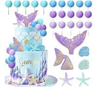 Lukinuo Toppers per torta a forma di sirena, 24 pezzi, piccola figura a forma di sirena, sotto il mare, per torte, alghe, foglie di palma, bolla di stelle marine, conchiglia, decorazioni per torte