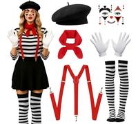 LUKIUP 6 Pezzi Costume Mimo Donna, Costume Mimo Donna, Costumi Laurea,Costume Da Artista Mimo Accessori, Cosplay, Halloween, Carnevale, Adatto Donne