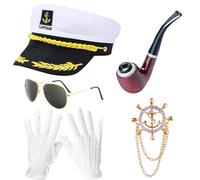 LUKIUP 6 Pezzi Set Cappello Da Capitano Da Marinaio, Regolabile, Accessori Per Yacht, Occhiali Da Sole, Guanti, Ciondolo Con Ancora, fischietto, Donna Uomo Cosplay Halloween Carnevale Feste a Tema