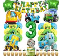 LUKIUP Trattore Compleanno Bambini 3 anni, Palloncino di Alluminio a Forma di Trattore, Adesivi per Trattori e Decorazioni Per Torte a Tema Fattoria, Festa di Compleanno per Bambini