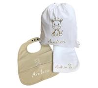 Lulibù Set Asilo Personalizzato con Nome e Animaletto - Kit Bavaglino Personalizzato, Asciugamano Neonato e Sacca con Nome Bambina o Bambino - Set Asilo Nido Bimbo e Bimba