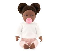 LullaBaby Bambola realistica da 14 pollici - Capelli castano scuro ricci, occhi castani e corpo morbido - Abbigliamento maglione e pantaloni, elastici per capelli e ciuccio - Gioco di finta - Bambola