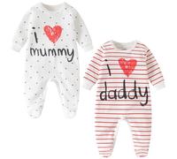 Lullaby Layers Tutine unisex per neonati, confezione da 2 pezzi - Pagliaccetti in cotone con piedini "I Love Mummy & Daddy" - Tutine per neonati da 0 a 24 mesi per maschietti e femminucce, bianco, 0-3