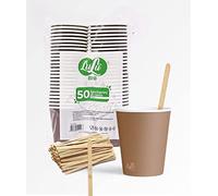 LULU' 100 Bicchierini caffè carta 90ml + 100 Palette in legno, Biodegradabili da Asporto, Monouso, Marroni