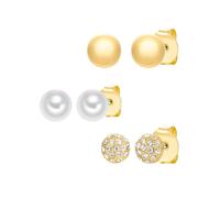 Lulu & Jane Set orecchini 3 pezzi da donna lega metallica oro giallo | Finitura oro giallo, orecchini lobo, cristallo vetro bianco sfaccettato, perla vetro ca. 7,5-8,0 mm, bianca, rotonda