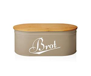 Lumaland Cestino per pane da cucina in metallo con coperchio in bambù, ovale, ca. 36 x 20 x 13,8 cm grigio