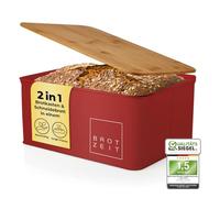 Lumaland Cuisine Cestino per il pane | Scatola per il pane in metallo con coperchio in bambù | Scatola per il pane rettangolare 30,5 x 23,5 x 14 cm | 2in1 Cestino per il pane e tagliere [Rosso]