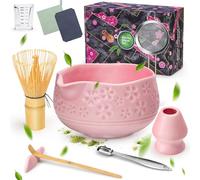 LumenVela Matcha Kit, 10 Pezzi Matcha Set Rosa Ciotola Matcha con Beccuccio, Frusta Matcha, Colino, Supporto per Frusta in Ceramica, Regalo per Gli Amanti del Matcha, Gli Amici e la Famigliaa (Rosa)