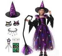 LumenVela Vestito Strega Bambina, 9 Pezzi Costume Strega Vestito Halloween Bambina con LED, Cappello, Bacchetta Magica, Maniche a Pipistrello, Collane, 2 Anelli per Halloween, Cosplay, Festa (L)