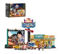 Lumibricks City Drive-in Theater - Set di mattoncini da costruzione con illuminazione a LED, 1760 pezzi, modello cinema per auto, con tela, lavagna pubblicitaria e 2 veicoli vintage, regalo per adulti