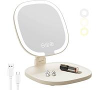 Lumicll Specchio da trucco da viaggio a LED ricaricabile, illuminazione a 3 colori, touch screen dimmerabile, multi angolo regolabile, pieghevole e portatile, con vassoio portaoggetti (crema)