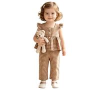 LumiJour Bimba Confezione Top Tank E Pantaloni Confezione Top Con Farfallone E Pantaloni Abito Quadretti Bambine Set Quadretti Vacanza Cachi 18-24 mesi