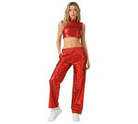 LumiJour Completo Gilet Scintillante E Pantaloni Harem Donna Sportivo Donna Completo Crop Top E Pantaloni Metallici Lucidi Halloween Tuta Rosso XL