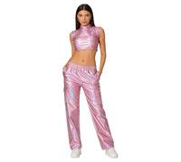 LumiJour Completo Gilet Scintillante E Pantaloni Harem Donna Sportivo Donna Completo Crop Top E Pantaloni Metallici Lucidi Halloween Tuta Rosa S