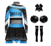 LumiJour Costume Bambine Con Strass E Glitter Maglia Danza Gonna Righe Con Fiocco Nastro Pomponi Strisce Calze Abbigliamento Danza Azzurro Nero 11-12 anni