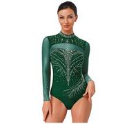 LumiJour Divisa Ginnastica Donna Maniche Lunghe Con Strass E Scintille Body Balletto Con Colletto Mandrino Body Ginnastica In Mesh Patchwork Sportivo Outfit Divisa Verde scuro M
