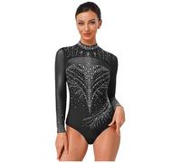 LumiJour Divisa Ginnastica Donna Maniche Lunghe Con Strass E Scintille Body Balletto Con Colletto Mandrino Body Ginnastica In Mesh Patchwork Sportivo Outfit Divisa Nero M
