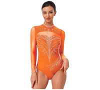 LumiJour Divisa Ginnastica Donna Maniche Lunghe Con Strass E Scintille Body Balletto Con Colletto Mandrino Body Ginnastica In Mesh Patchwork Sportivo Outfit Divisa Arancia S