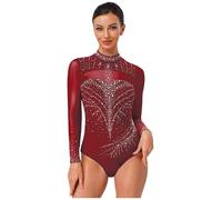 LumiJour Divisa Ginnastica Donna Maniche Lunghe Con Strass E Scintille Body Balletto Con Colletto Mandrino Body Ginnastica In Mesh Patchwork Sportivo Outfit Divisa Borgogna L