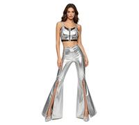 LumiJour Donna Set Giubbotto Corto E Leggings Flare Costumi Feste Edm Set Top Corto E Pantaloni Gambo Largo Abbigliamento Sportivo Donne Ballo Argento M