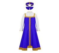 LumiJour Ragazze Abiti Russi per le Feste, Broderie d'Oro e Copricapo per il Cosplay Blu 7-8 anni