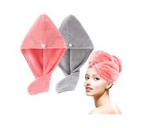 Lumimi - Set di 2 turbanti per capelli, in microfibra, ultra assorbenti, asciugatura rapida, chiusura a bottone, colore: Rosa grigio