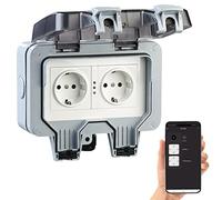 Luminea Presa doppia da esterno WiFi IP66, controllo app e voce, 16 A, grigio/nero