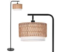 LuminexDesigns Lampada da Terra in Rattan Boho per Soggiorno, Piantana Vintage Rustica per Camera da Letto, Doppio Paralume, 173cm, Nera con Base Pesante, E27 Testa Orientabile, Interruttore a Pedale