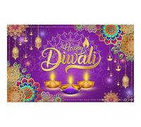 Luminora 1,8 x 1,1m Sfondo viola autunnale per Diwali, lanterne Rangoli, fuochi d'artificio, fiori, lampade a olio, sfondo per preghiere, decorazioni per feste indiane, striscioni fotografici.