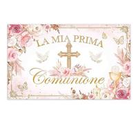 Luminora 1,8x1,1 m Tappeto da sfondo per la Prima Comunione con croce dorata e motivi floreali, decorazione religiosa cattolica per cerimonia in chiesa, foto booth