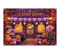 Luminora 2,1 x 1,5 m Halloween Candy Shop Viola Strega Candy Store Sfondo | Tessuto in poliestere, Nero Cat Lollipops Zucche Ghost Bat sfondo, Famiglia bambini partito forniture, Outdoor Photo Booth