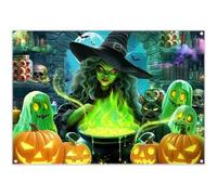 Luminora 2,1 x 1,5 m Halloween Magia Verde Strega Cucina Sfondo Calderone Fantasma Gatto Nero Pozione Zucca Pipistrello Vaso di Vetro Sfondo Evil Terrore Decor Photo Banner