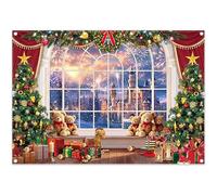 Luminora 2,1x1,5 m Sfondo di Natale con finestra, castello, fuochi d'artificio invernali, alberi di Natale, orso giocattolo, sfondo, stella di Betlemme, decorazioni per feste, banner fotografico.