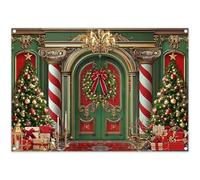 Luminora 2,1x1,5 m Sfondo di Natale rosso e verde, palazzo, alberi di Natale, lussuoso cancello retrò, stella di Betlemme, regali, sfondo, decorazioni per feste, banner fotografico.