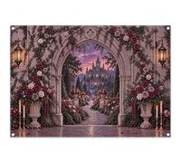 Luminora Fondale da giardino con castello di rose e palazzo gotico | Tessuto in poliestere riutilizzabile, Viola Estetica Misterioso Arco Sfondo, Coppia di nozze Forniture Partito