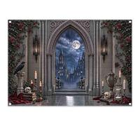 Luminora Fondale gotico con castello di Halloween da 2,1 x 1,5 m | Tessuto in poliestere, Raven Skull Candle Palazzo medievale sfondo rosa rossa, Forniture per feste in famiglia per bambini
