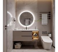 Luminorcrest Specchio rotondo da 80 cm a LED per bagno, con luce, antiappannamento, vetro temperato, 3 colori dimmerabili, retroilluminazione frontale e posteriore, CRI90+, pulsante touch, orizzontale