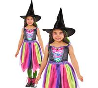 Luminoso Costume da Strega Ragazze Halloween Streghe Vestito + Cappello Età 3-8