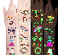 Luminous Day of the Dead Temporary Tattoos for Kids-10 Sheet Glow In The Dark Tattoos Gift for Boys and Girls, Sugar Skeletons Face Make up Tattoo Set,Holiday Party Favors..