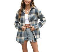 Lumister Camicia di flanella oversize da donna a maniche lunghe con bottoni scozzesi camicia di bufalo camicetta top con una tasca, Blu oceano, M