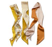 LumiSyne 3 Pezzi Sciarpa Di Seta Stretta Donna Ragazze Lungo Sottile Fazzoletto Da Collo Retro Fresco Stampa Floreale Motivo a Pois Scacchiera Nastro Sciarpa In Raso Copricapo Fascia Per Capelli