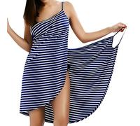 LumiSyne Bikini Copricostumi e Parei Donna Abito da Spiaggia Vestito a Righe Moda Senza Maniche Scollo a V Sexy Costumi da Bagno Vestito Mare,Frange Strette Blu Scuro,5XL