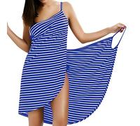 LumiSyne Bikini Copricostumi e Parei Donna Abito da Spiaggia Vestito a Righe Moda Senza Maniche Scollo a V Sexy Costumi da Bagno Vestito Mare,Frange Strette Blu,L