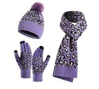 LumiSyne Invernali 3 Pezzo Cappello Sciarpa Guanti per Donna Berretto Beanie Sciarpa Lunga Guanti Touch Screen Lavorato a Maglia con Leopardata Pompon Calda Morbido Spessa Fodera in Pile
