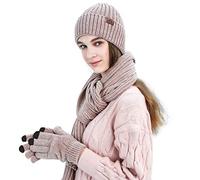 LumiSyne Invernali 3 Pezzo Cappello Sciarpa Guanti Per Uomo Donna Guanti Touch Screen Sciarpa Jacquard Tinta Unita Cappello In Maglia Berretto Beanie Tessuto Avanzato Di Ciniglia (Rosa)