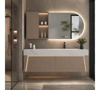 LumoHaus Bathroom Vanity Unit with Basin, Wall Hung Bathroom Cabinet with Mirror Cabinet, Sintered Stone Worktop, Large Storage for Modern Bathrooms