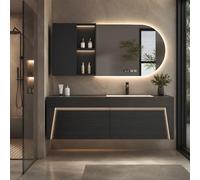 LumoHaus Bathroom Vanity Unit with Basin, Wall Hung Bathroom Cabinet with Mirror Cabinet, Sintered Stone Worktop, Large Storage for Modern Bathrooms