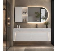 LumoHaus Bathroom Vanity Unit with Basin, Wall Hung Bathroom Cabinet with Mirror Cabinet, Sintered Stone Worktop, Large Storage for Modern Bathrooms